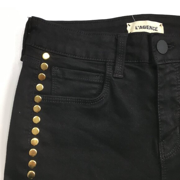 L'AGENCE Black Noir Wash Gold Studded Margot High Rise Slim Fit Skinny Jeans - Picture 4 of 9